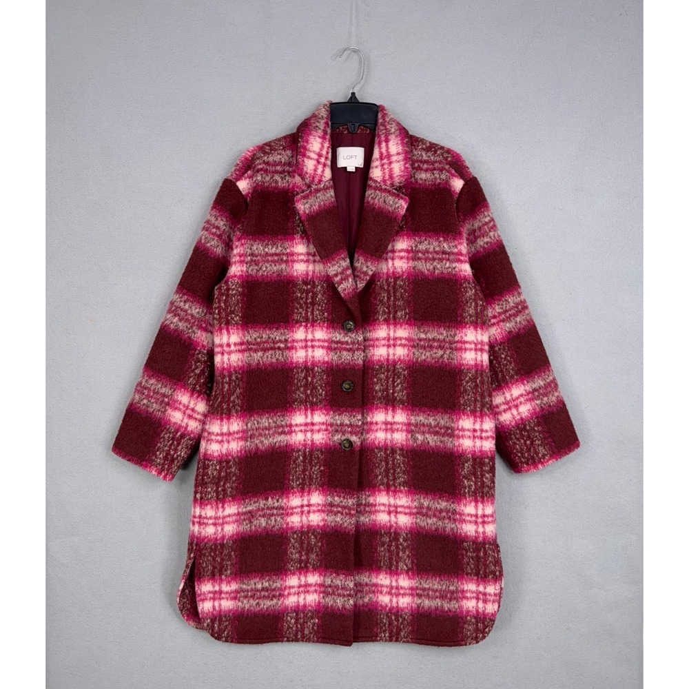 LOFT Coat Womens Large P Maroon Pink Plaid Brushed Jacket Preppy Classic